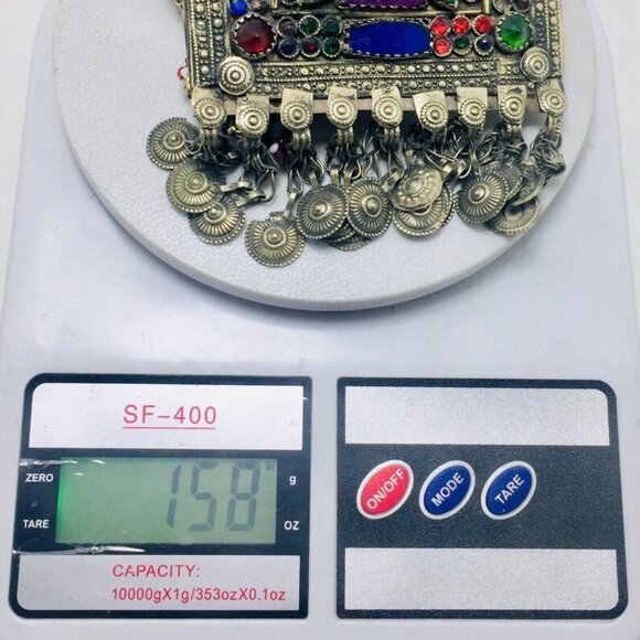 Blue and Green Long Chain Pendant Necklace, Kuchi Big Antique Pendant - Picture 9 of 9